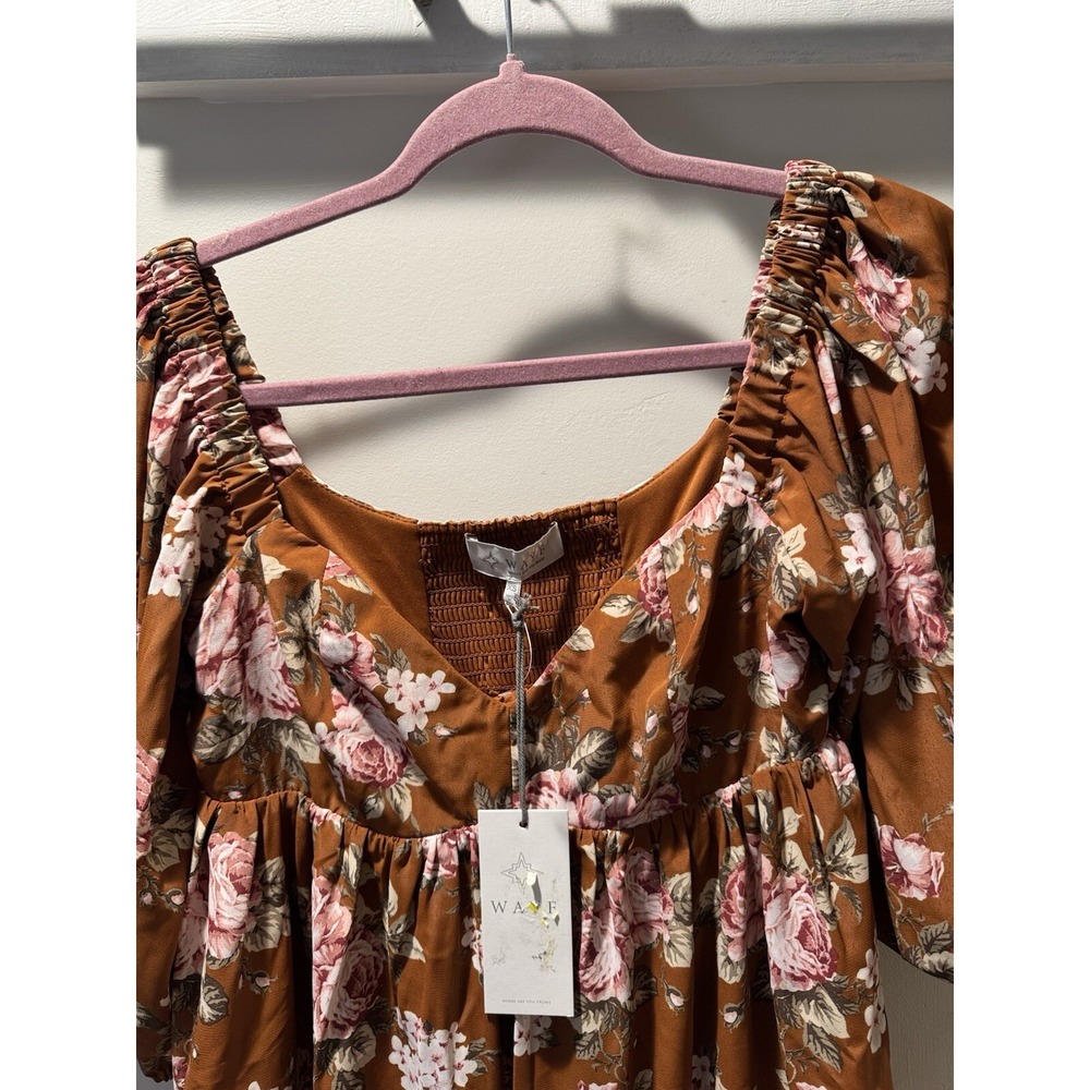 Wayf Womens Pecan Floral Peasant Baby Doll 3/4 Sleeve Mini Dress Sz Xs - Picture 2 of 13